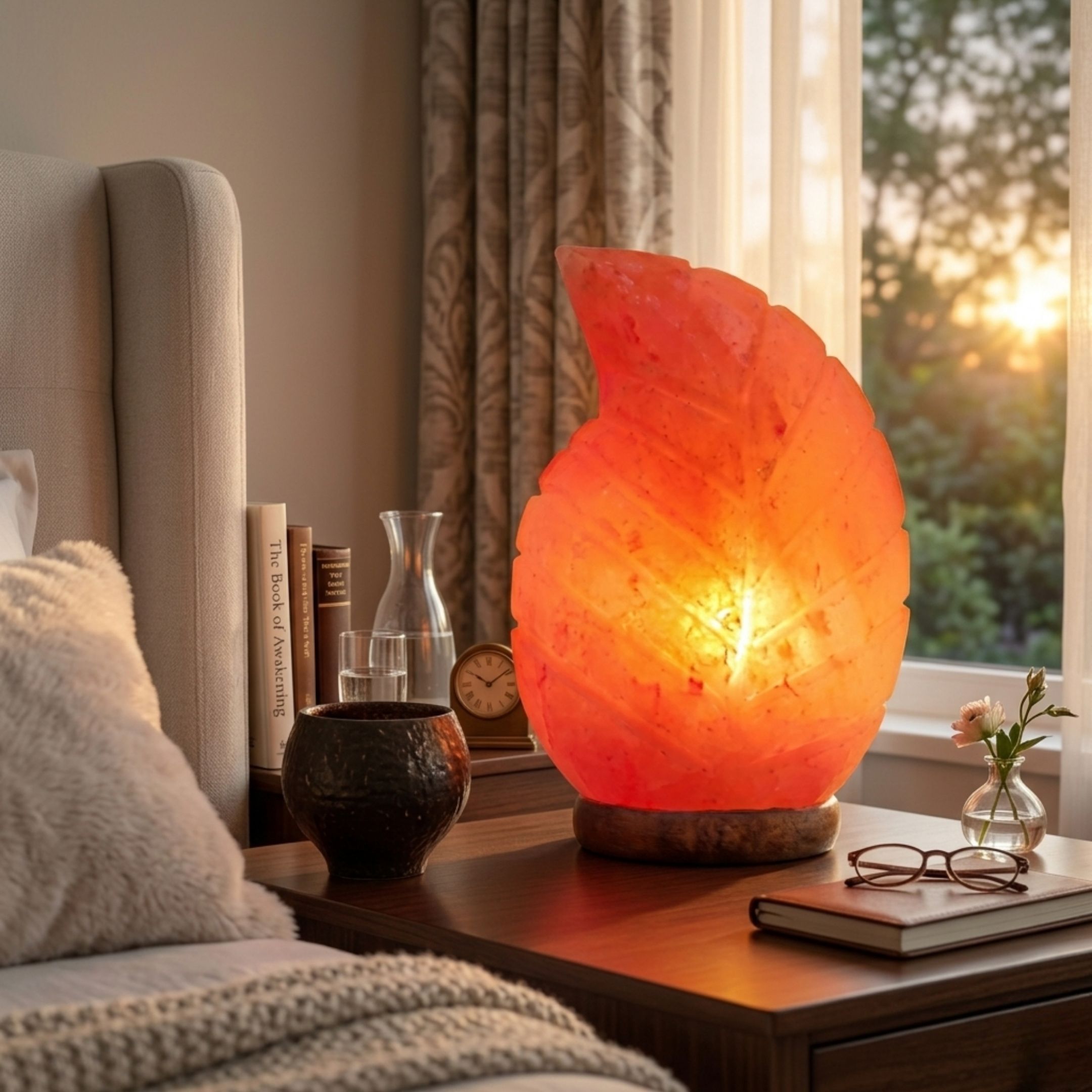 Leaf-shaped Himalayan pink salt lamp with a decorative natural salt design.
